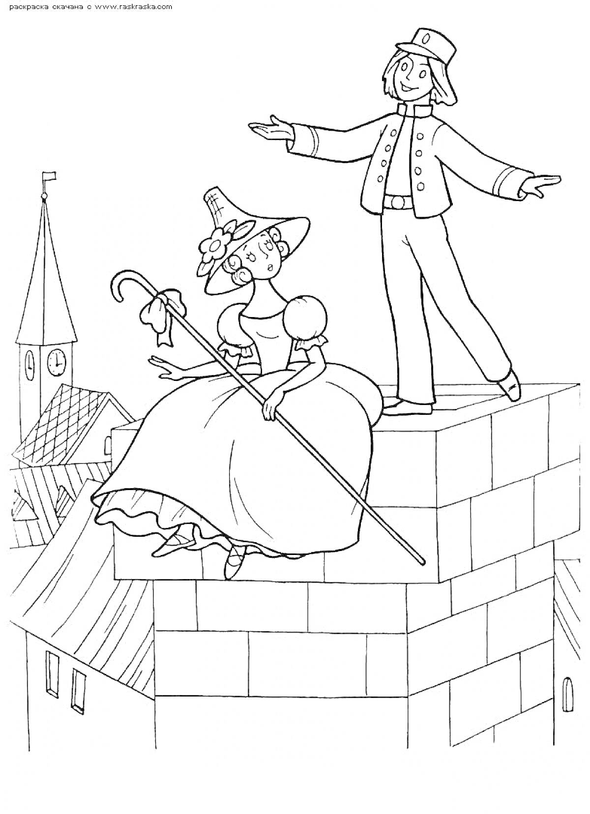 Раскраска Девушка в шляпе и пастушьим посохом сидит на стене рядом с молодым человеком в фуражке на фоне крыши зданий и часовни