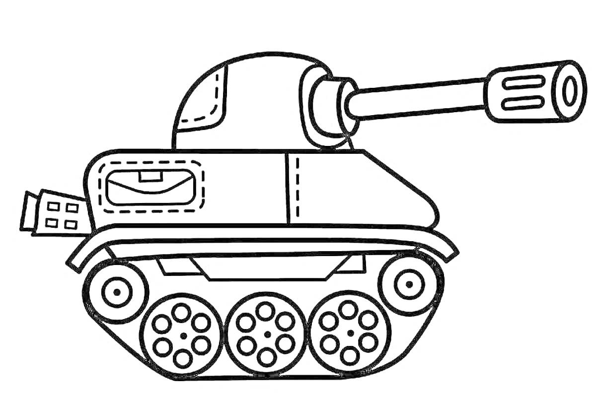 Раскраска Танк с башней и длинным орудием, с тремя катками с каждой стороны, боковыми люками и отверстиями на стволе