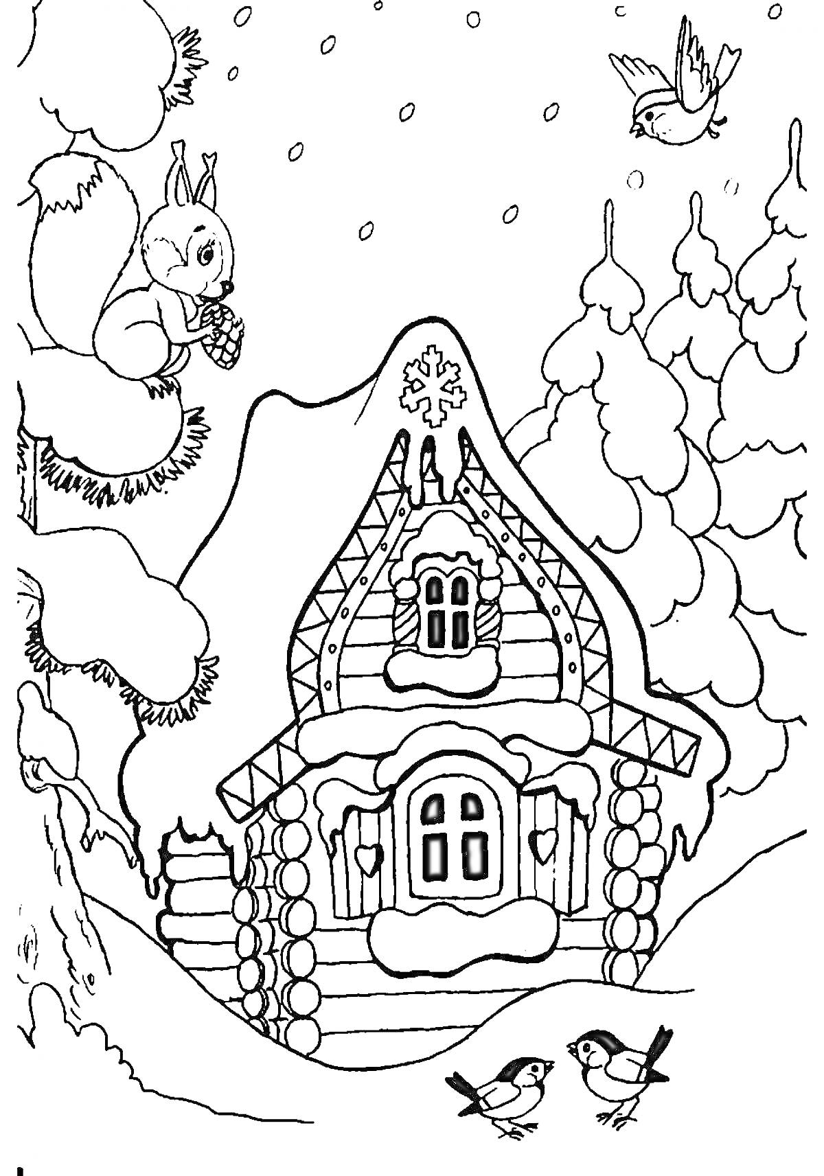 Раскраска Домик в лесу зимой с белкой и птицами