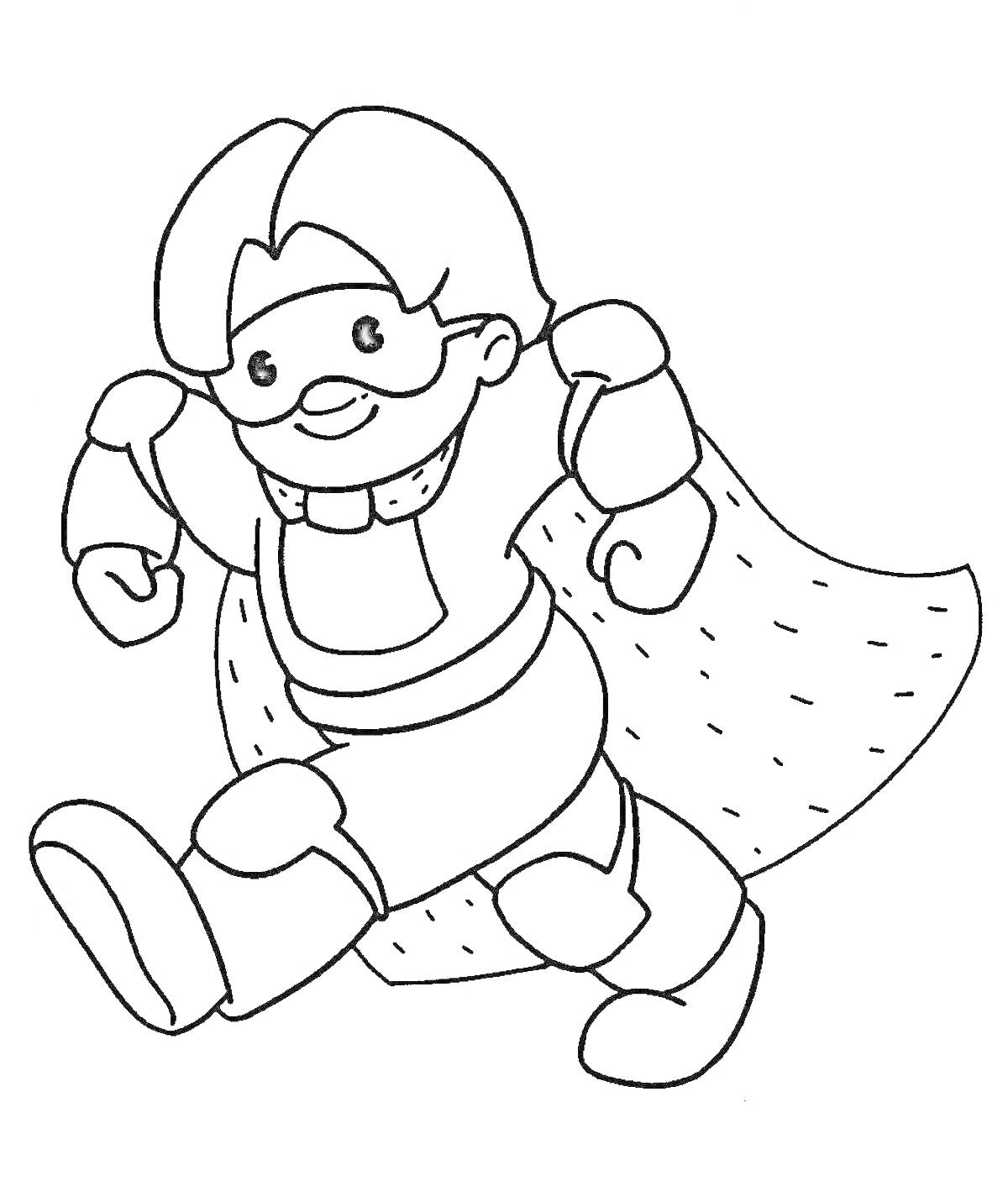 Раскраска мальчик в новогоднем костюме супергероя с плащом, очками и ремнем