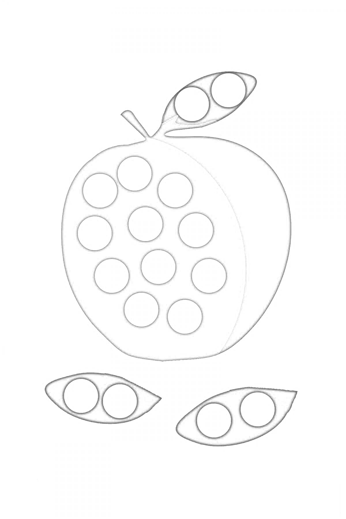 Раскраска Яблоко с листьями и точками для пальчиковых красок
