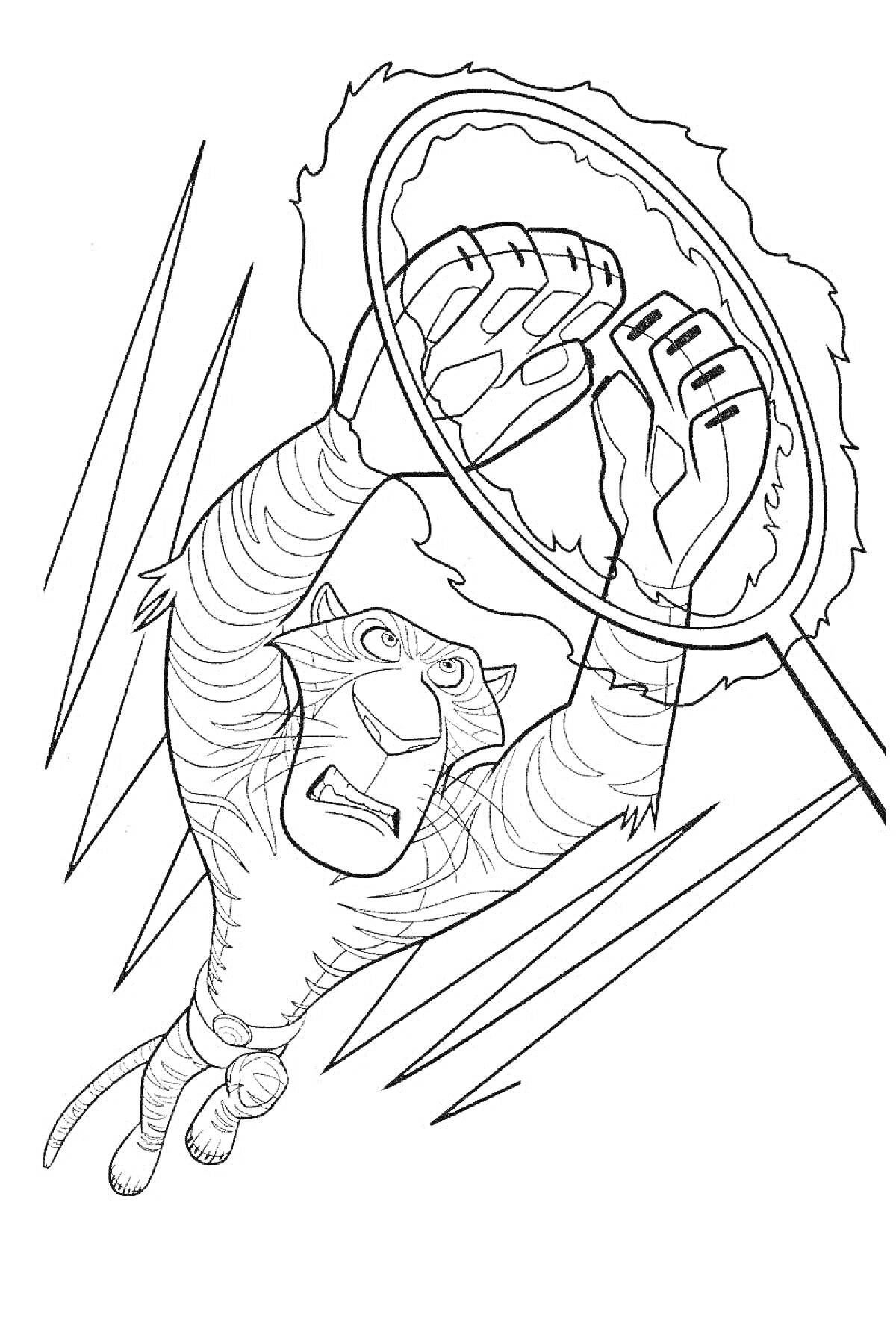 РаскраскаТигр прыгает через огненное кольцо