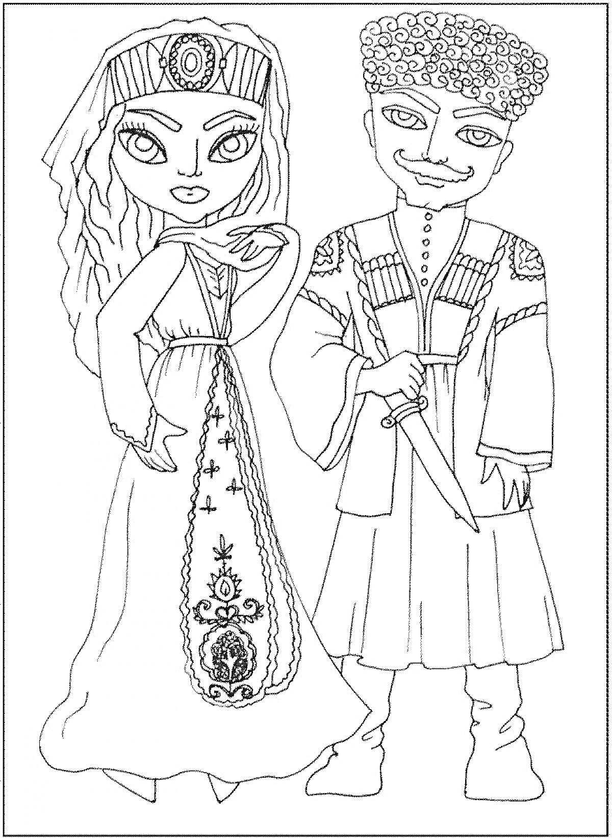 Дети в традиционных кавказских костюмах — девочка в длинном платье с орнаментом и венком на голове, мальчик в черкеске с кинжалом на поясе и папахе