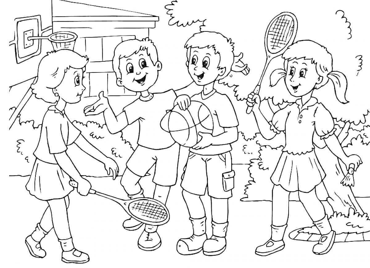 На раскраске изображено: Баскетбол, Спорт, Дружба, Здание, Деревья, Для детей