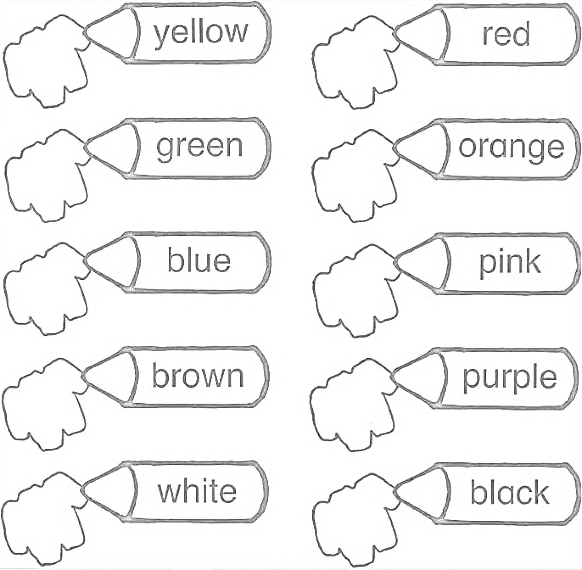 Раскраска Рисунок с карандашами и названиями цветов на английском языке (yellow, red, green, orange, blue, pink, brown, purple, white, black)