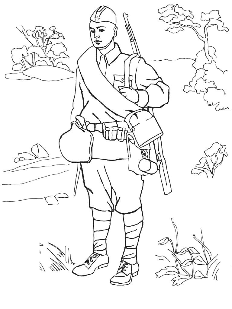 Солдат с винтовкой и снаряжением на фоне природы