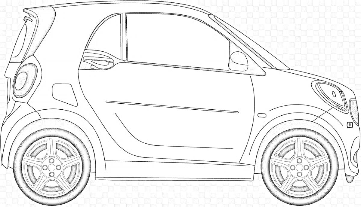 Раскраска Смарт (Smart), автомобиль, контур, вид сбоку, посадочные места, окна, фары, колеса