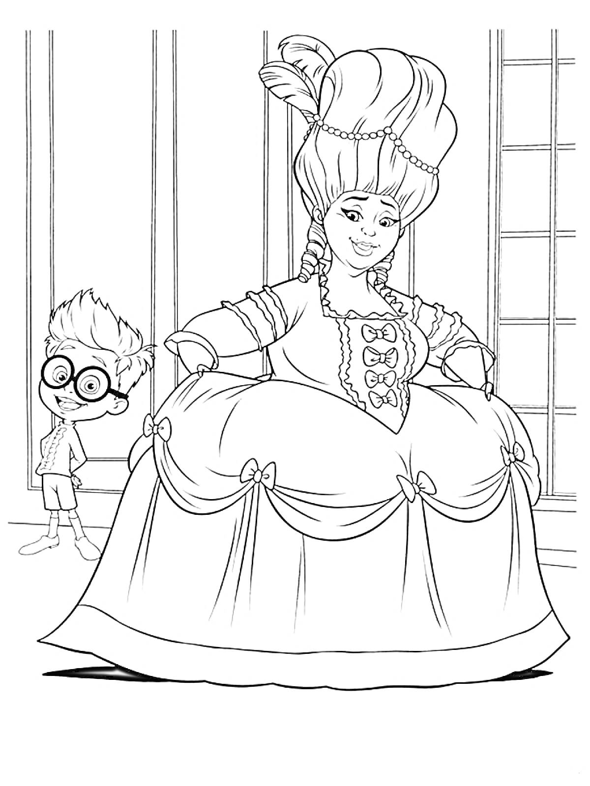 Раскраска Мистер Пибоди и Шерман с дамой в пышном платье XVIII века