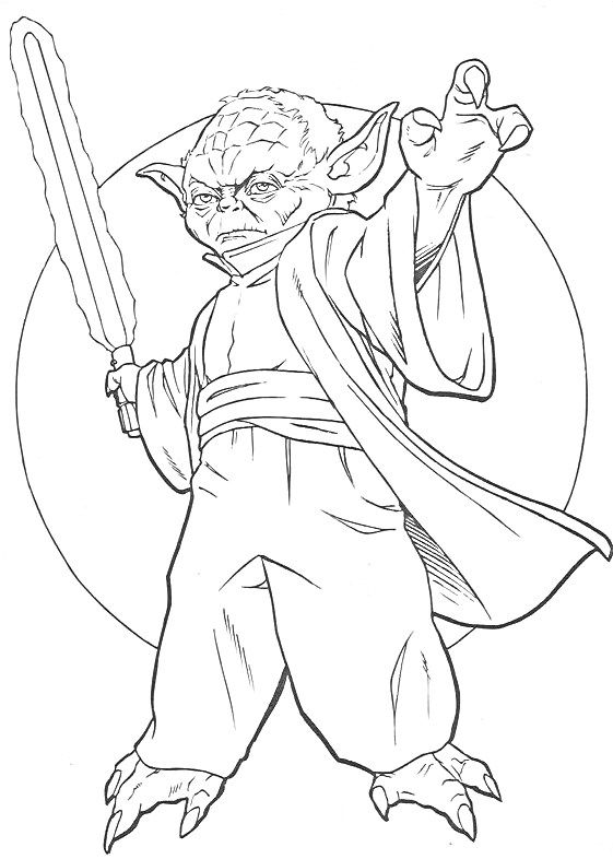 Раскраска Йода с световым мечом и поднятой рукой на фоне круга
