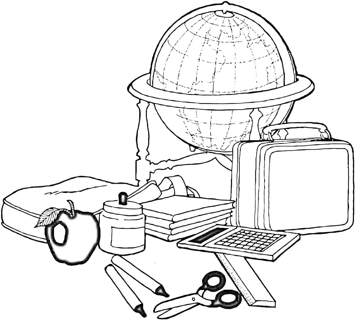 Раскраска Глобус с учебными принадлежностями: школьная сумка, яблоко, банка с красками, три книги, свёрнутый свиток, школьный ланчбокс, калькулятор, ножницы, два карандаша