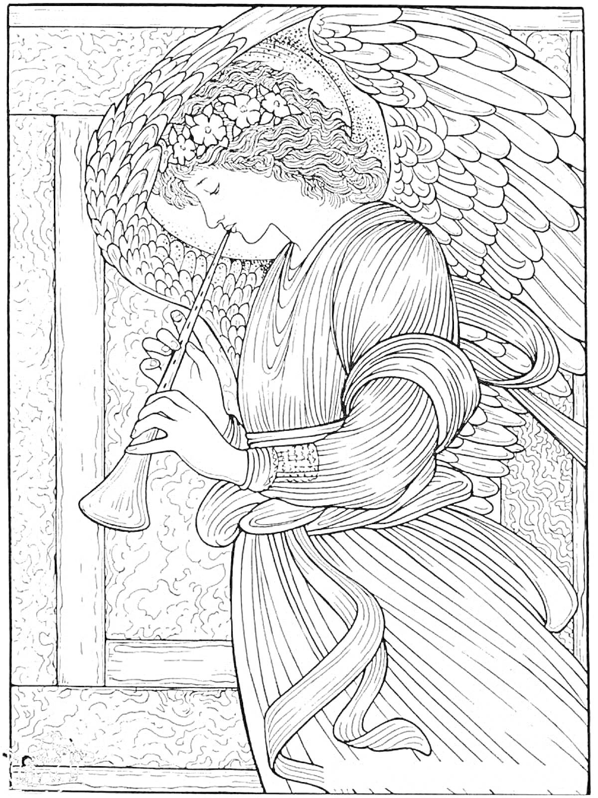 На раскраске изображено: Ангел, Флейта, Крылья, Цветочный венок, Музыка, Узоры, Окна