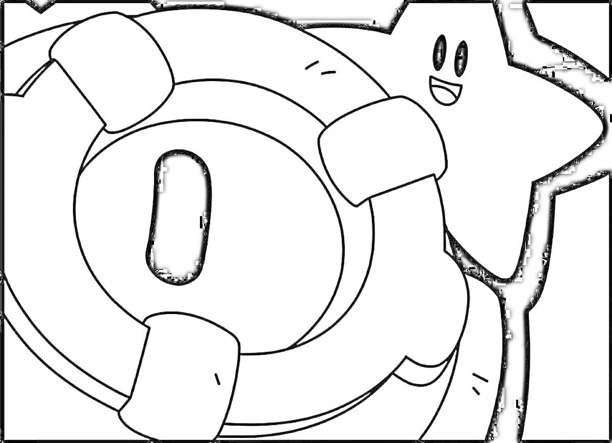 Раскраска Отис из игры Браво Старс, передний план в виде углубленной маски и улыбающаяся звезда позади