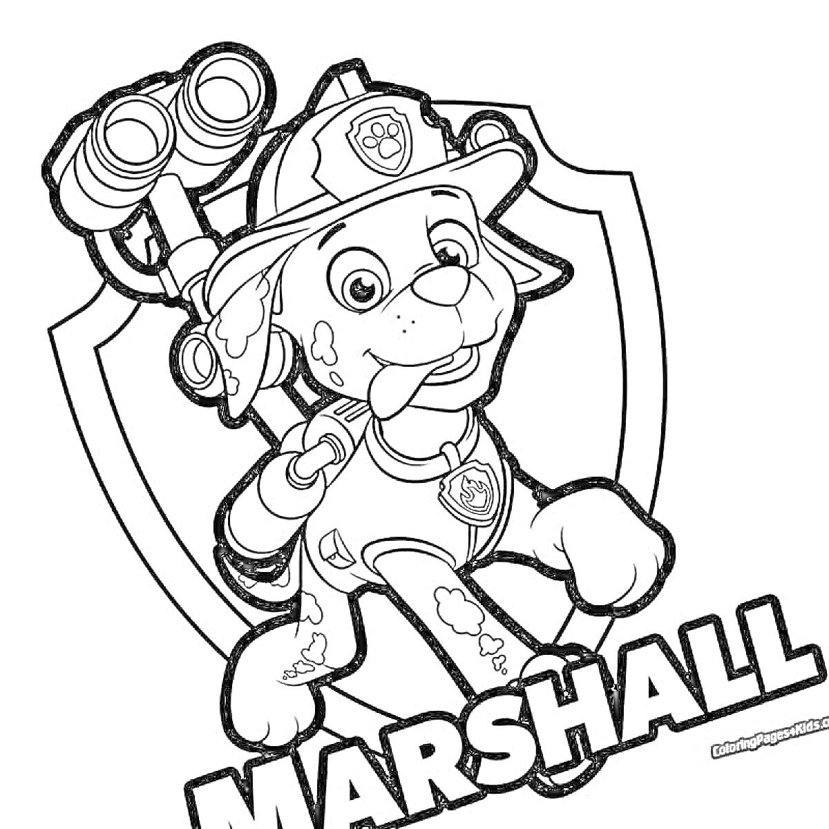Раскраска Щенячий патруль - Маршалл с биноклем и эмблемой
