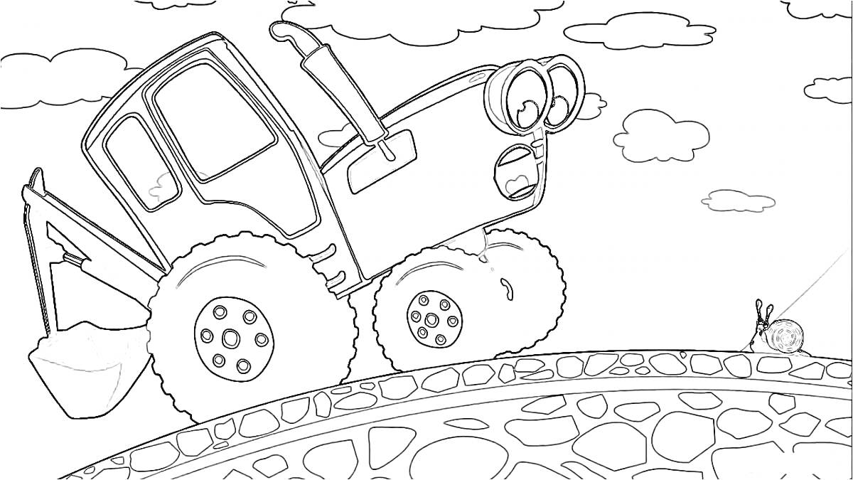 На раскраске изображено: Синий трактор, Мост, Улитка, Облака, Внедорожник, Для детей