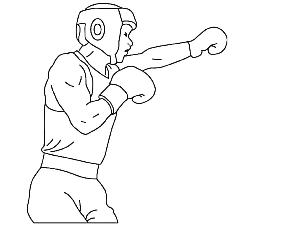 Раскраска Боксер в защитном шлеме и перчатках выполняет удар