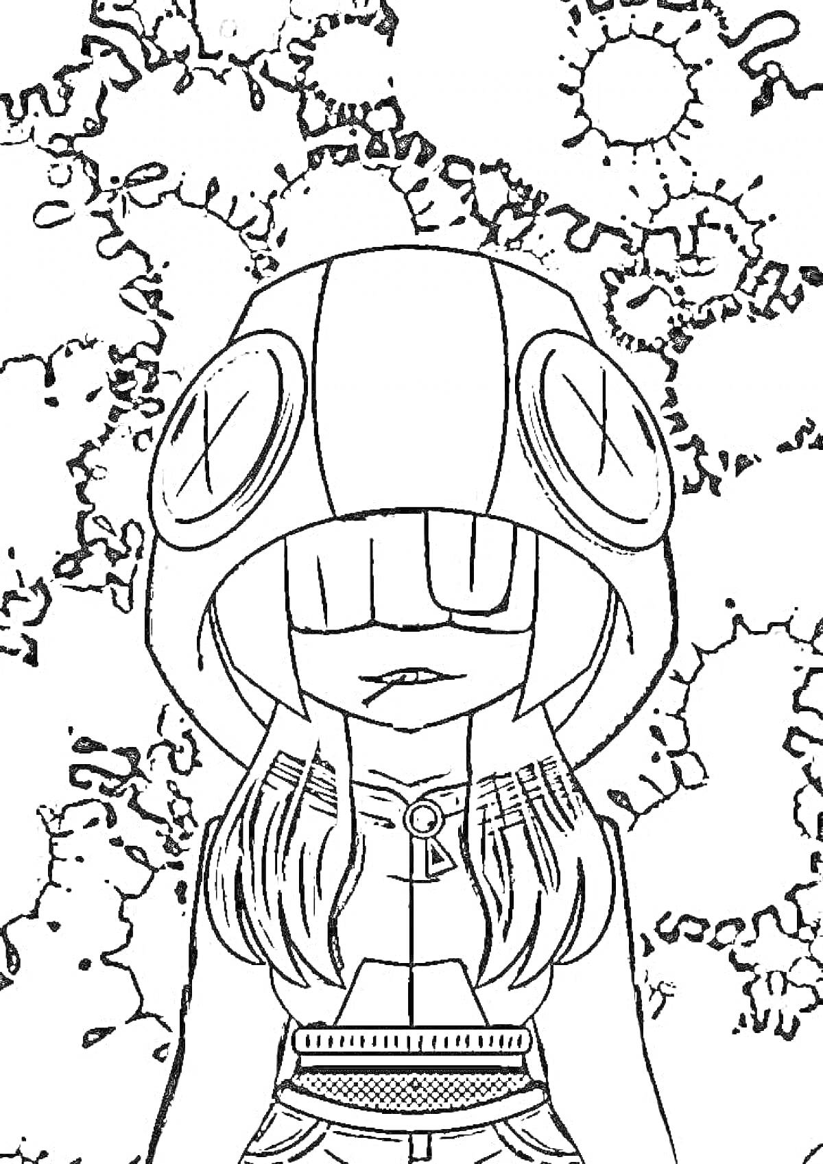 Раскраска Девушка в капюшоне с большими пуговицами, аниме-стиль, фон с кругами и линиями