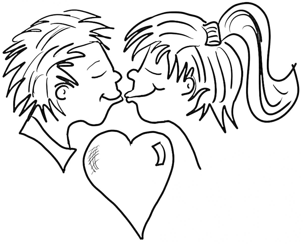 Раскраска Двое целующихся людей и сердце