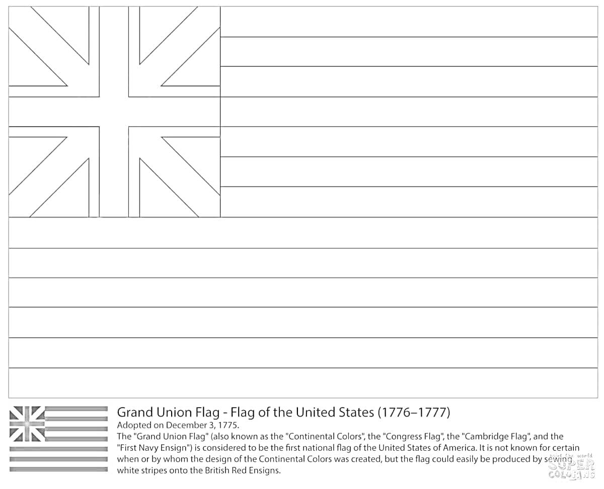 Раскраска Гранд Юнион флаг - флаг Соединенных Штатов (1776-1777), с британским флагом в кантоне на фоне полос, изображение с исторической информацией