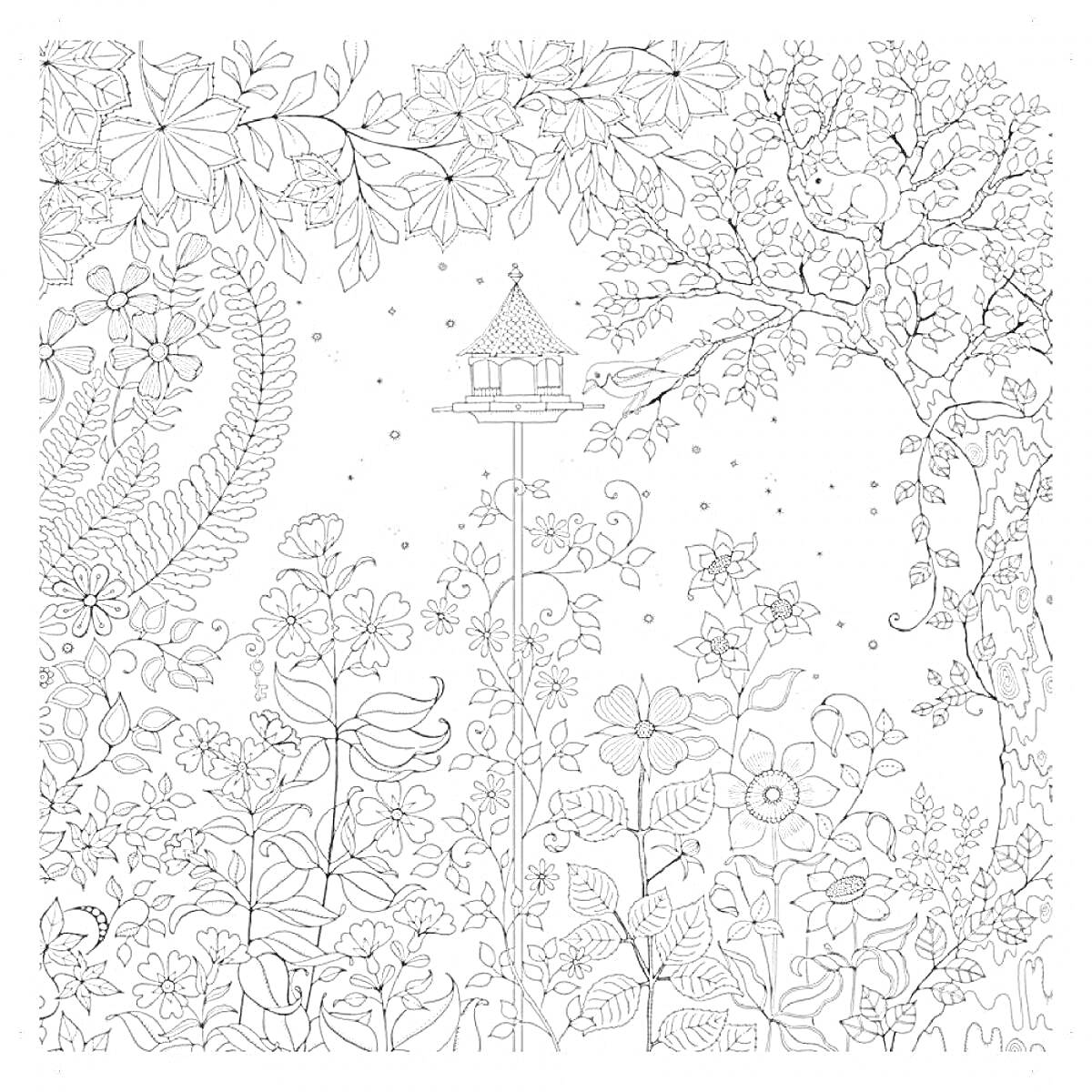 Раскраска Сад с домиком для птиц, цветами и деревьями