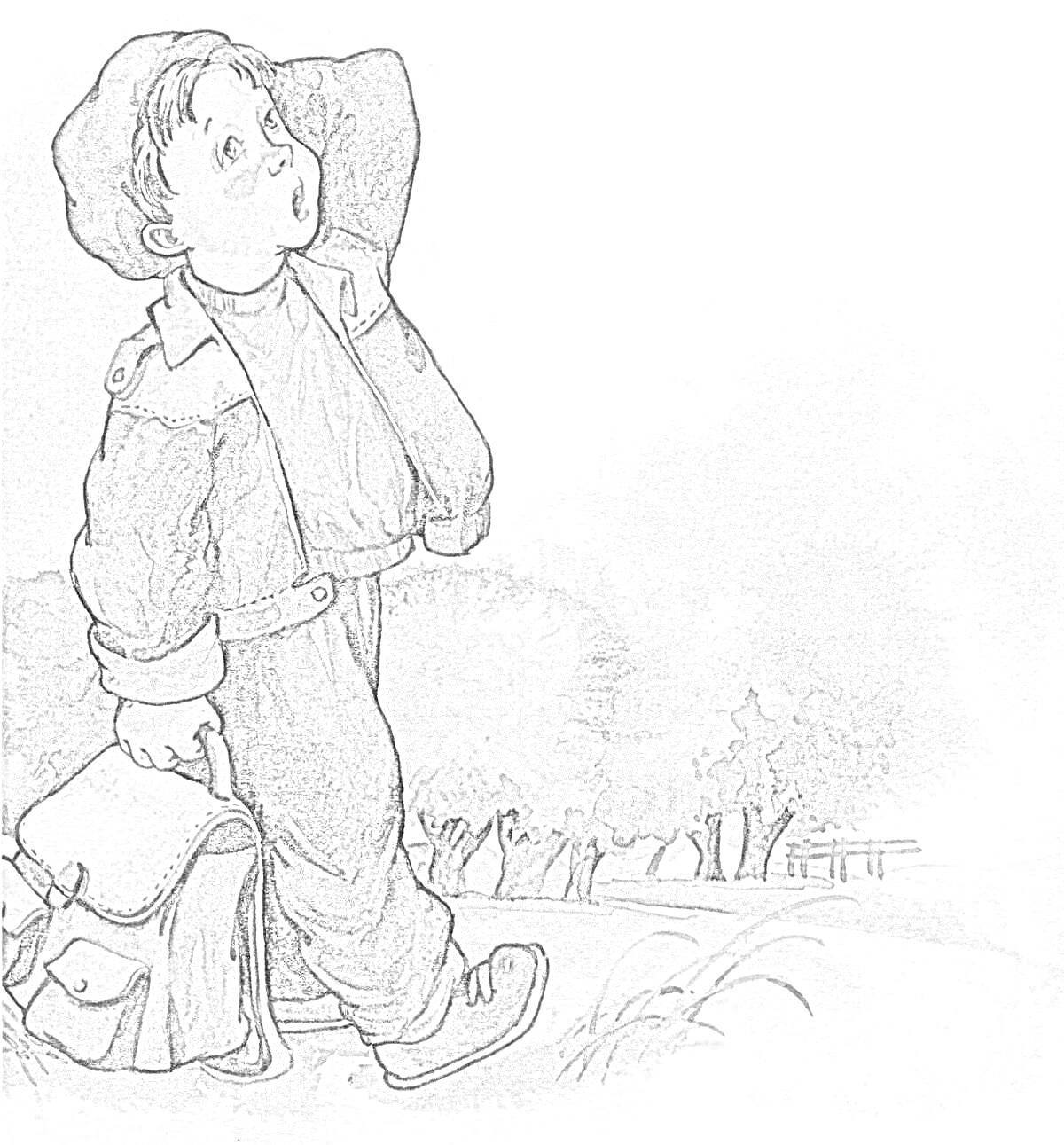 РаскраскаМальчик Женя с портфелем на фоне деревьев