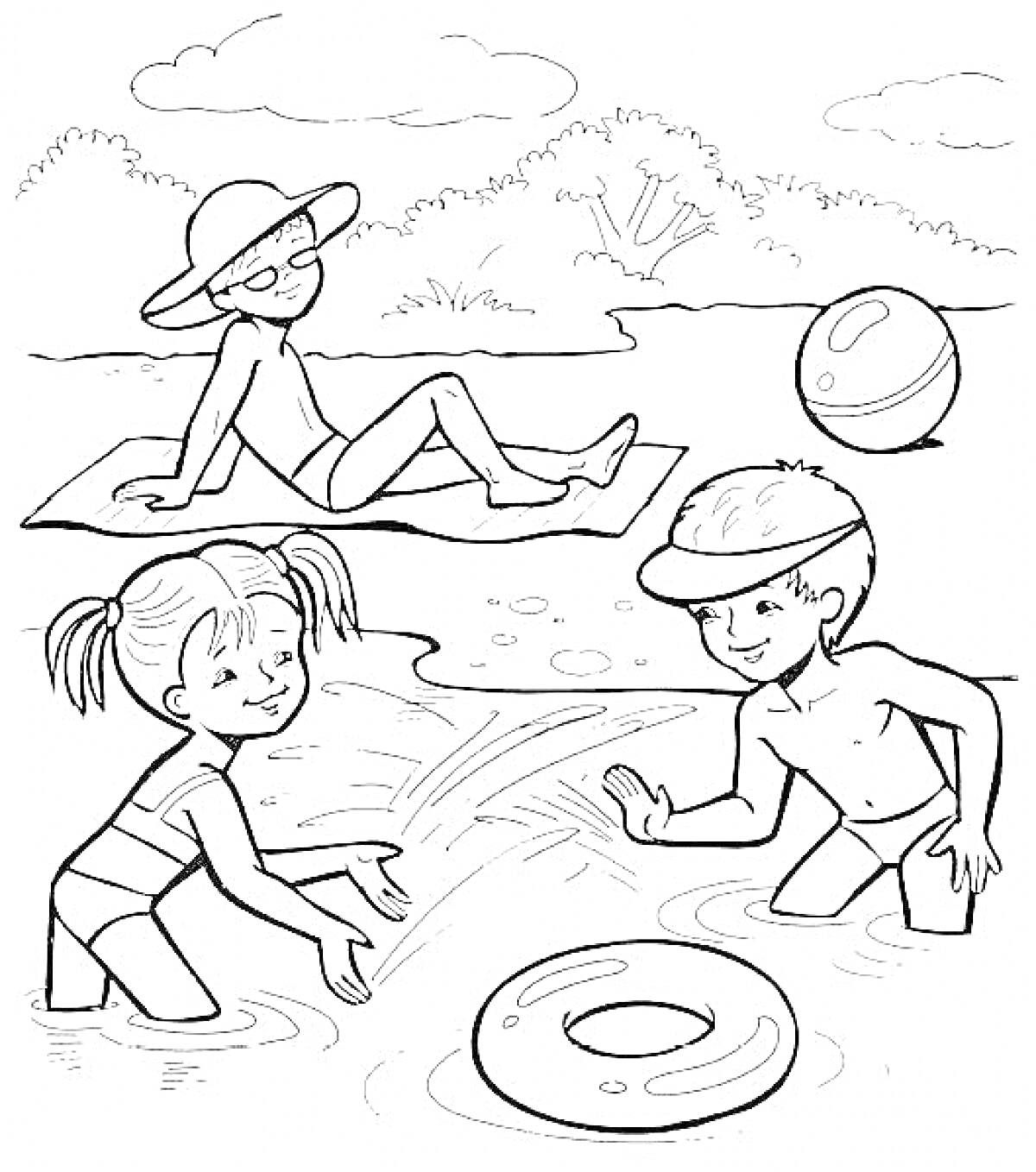 На раскраске изображено: Река, Лето, Пляж, Игра, Вода, Лес, Отдых, Камни, Шезлонг, Для детей, Мячи