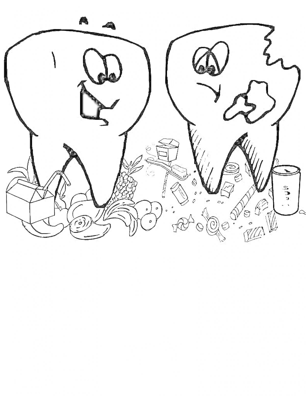 Раскраска Зубы со здоровым и поврежденным зубом, фрукты, нездоровая еда, напиток