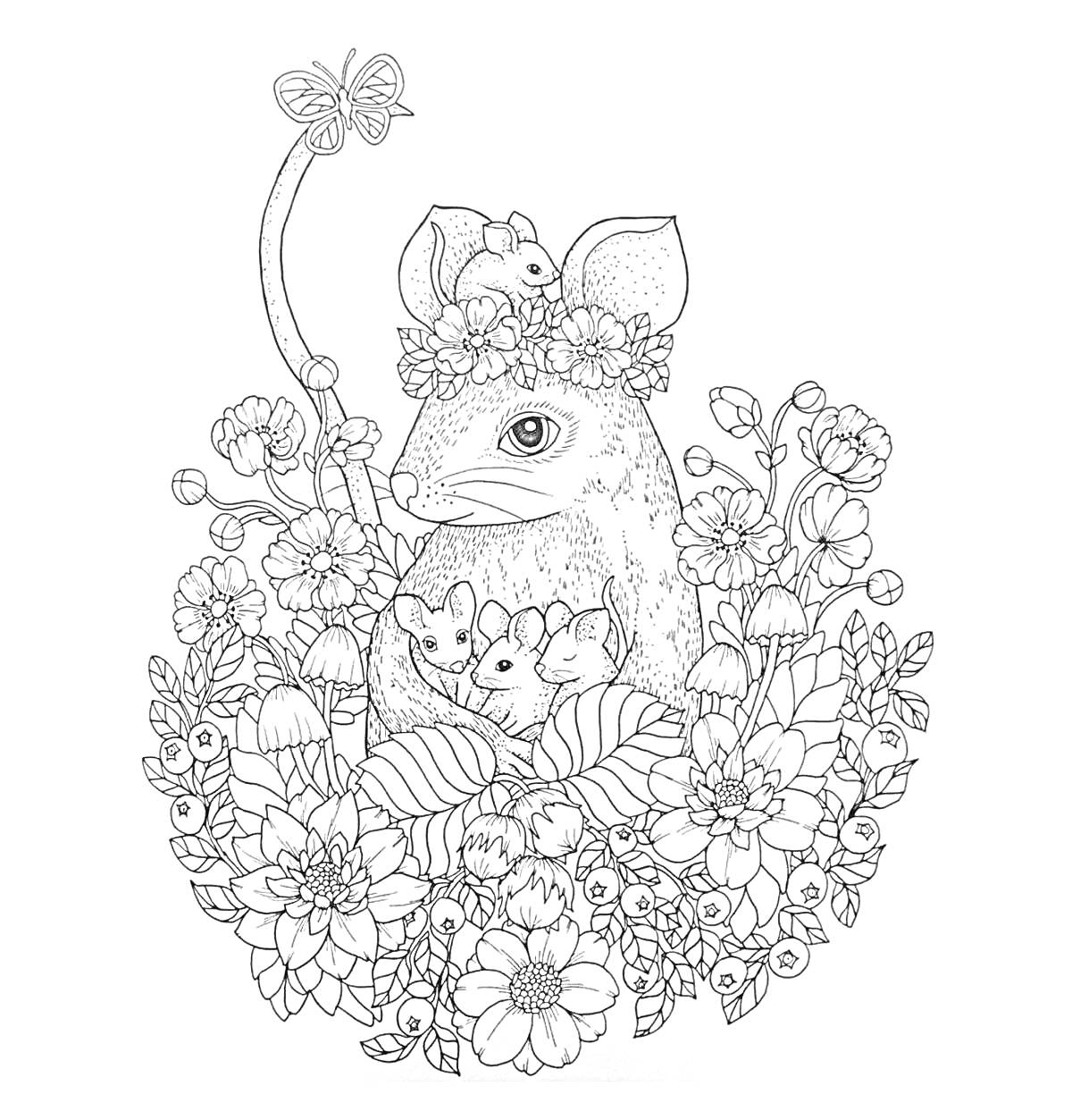 На раскраске изображено: Мышь, Детеныши, Цветы, Листья, Бабочка, Природа, Животные