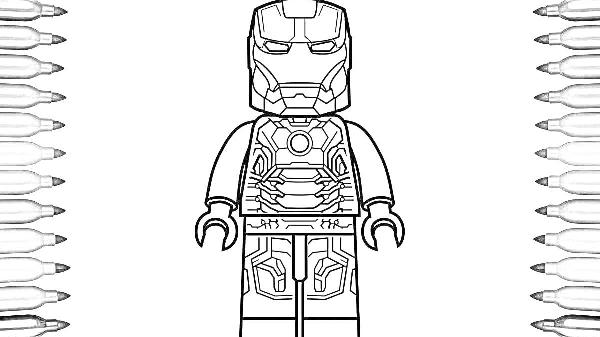 Раскраска Лего фигурка Железного Человека с детализированной бронёй, окруженная цветными карандашами