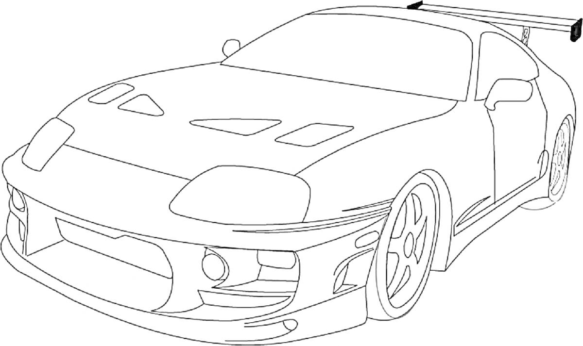 Раскраска Тойота Супра с обвесом, спойлером и вентиляционными отверстиями на капоте