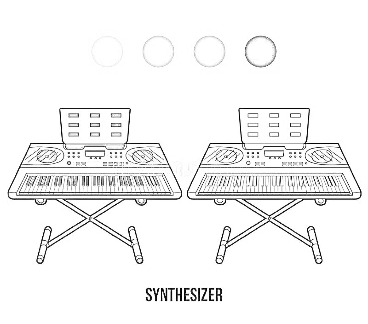 На раскраске изображено: Музыкальные инструменты, Синтезатор, Клавиатура, Подставка, Колонки, Экраны