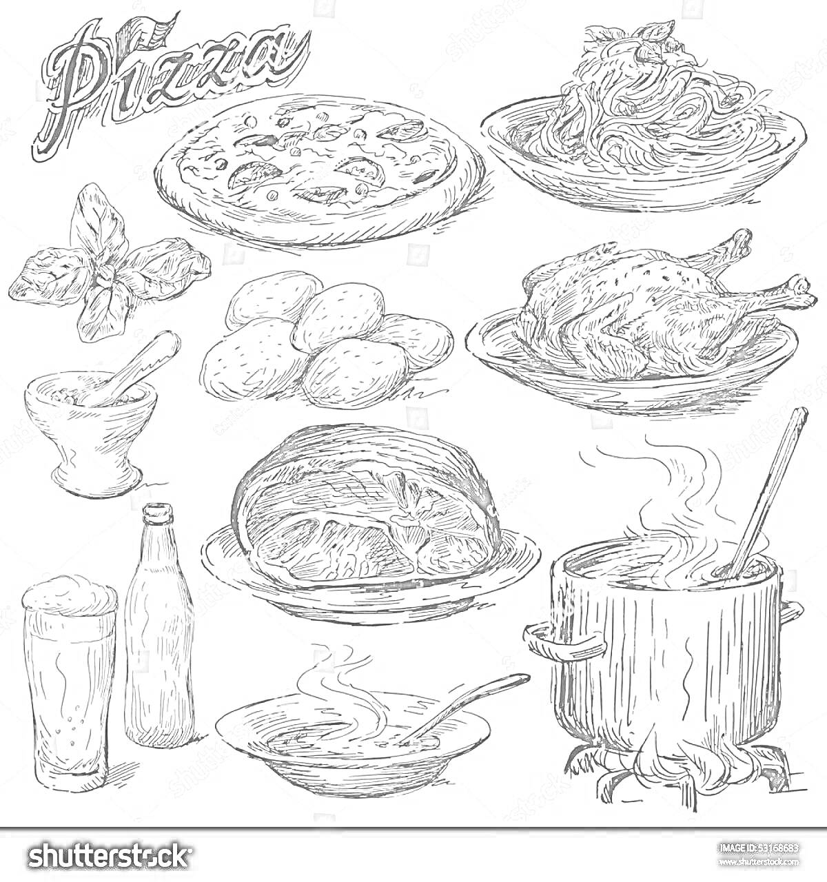 Раскраска Пицца с начинкой, макароны с грибами, фрикадельки с базиликом, жареный цыпленок, стакан лимонада и бутылка, свежий хлеб, тарелка супа с ложкой, кастрюля с кипящим супом