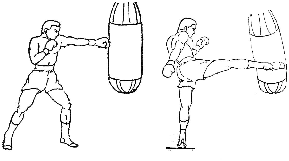 Раскраска боксер и боксерша с боксёрскими мешками, один удар рукой, другая ногой