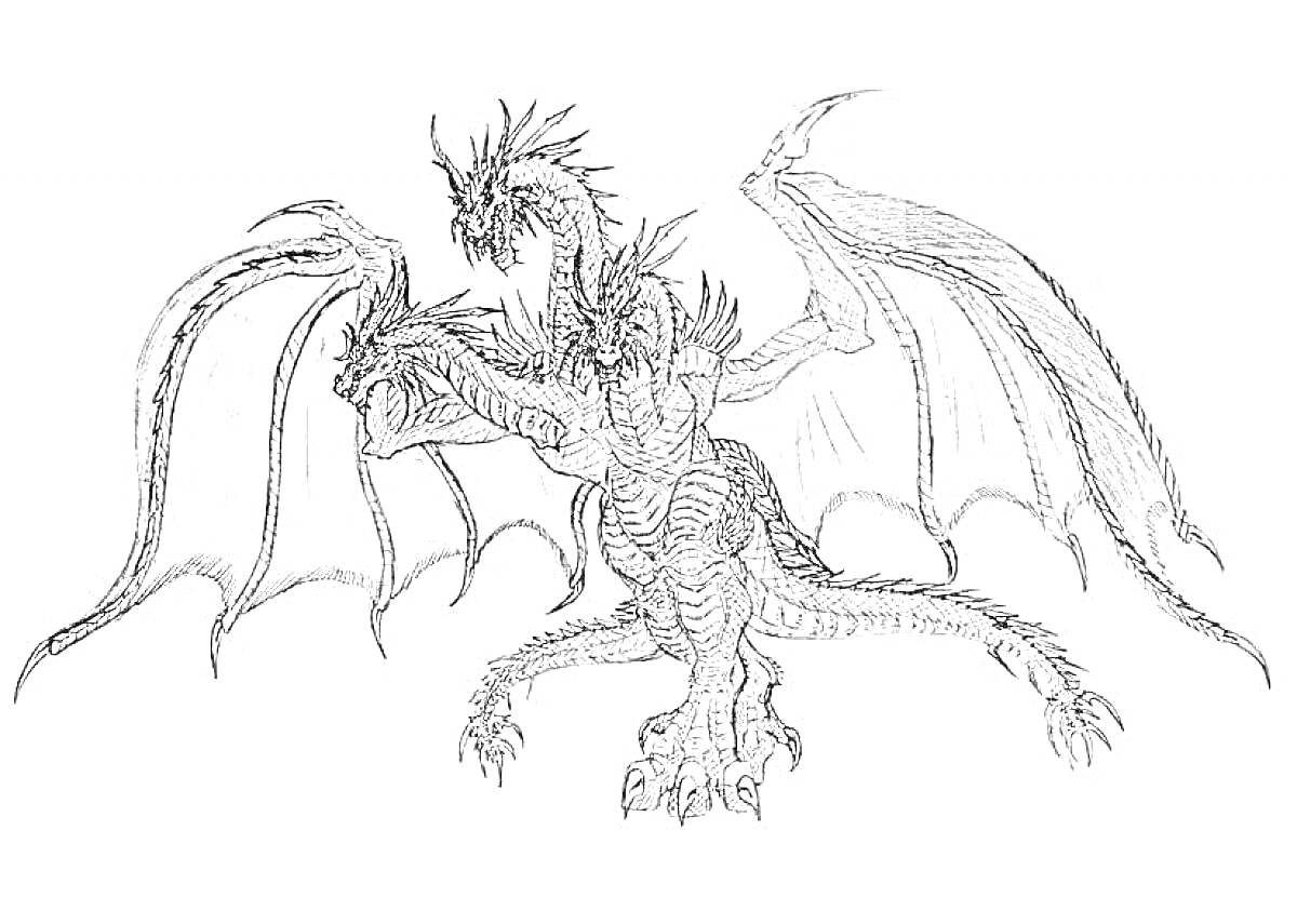 На раскраске изображено: Гидра, Три головы, Крылья, Дракон, Агрессивная поза, Фантазия, Мифические существа