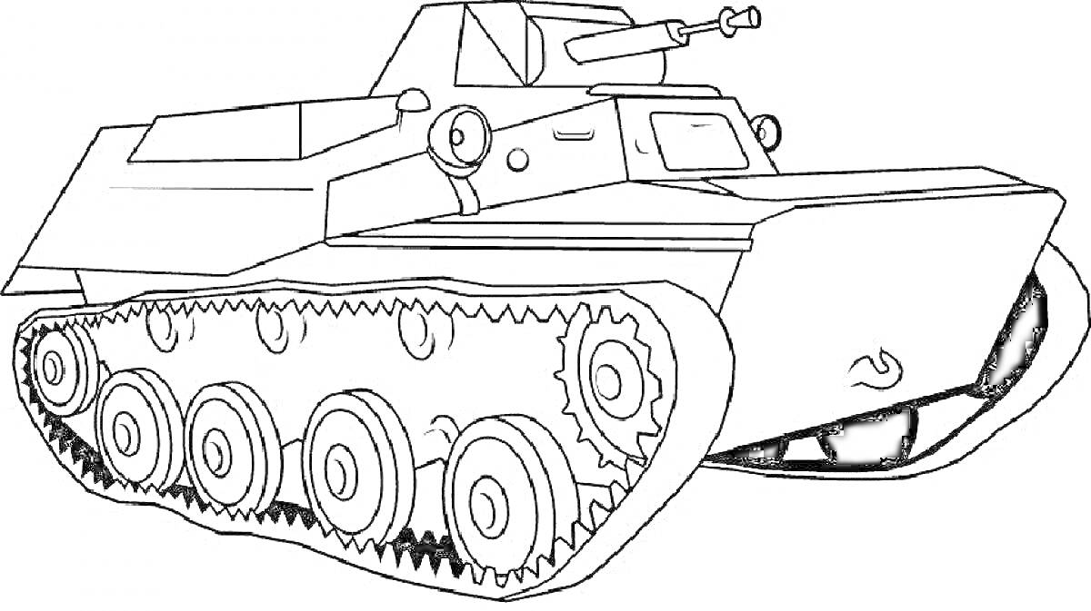 Раскраска Танковый рисунок с башней, пушкой и гусеницами на переднем плане