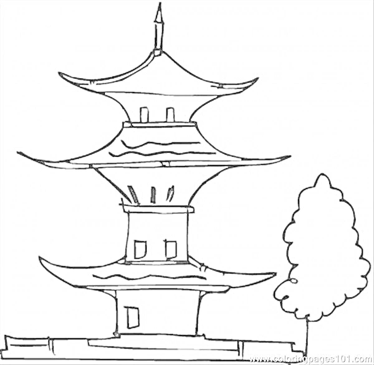 На раскраске изображено: Япония, Пагода, Архитектура, Культура, Здание, Восток, Страна восходящего солнца