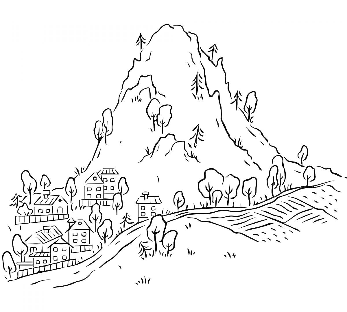 На раскраске изображено: Горы, Деревья, Деревня, Природа