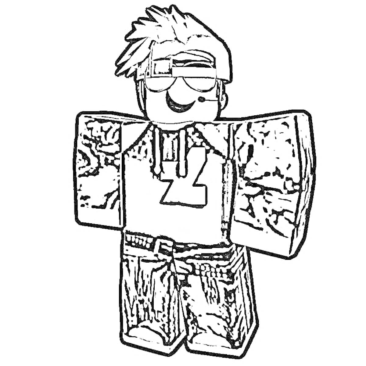 Раскраска Персонаж Roblox в кепке, с прической, в рубашке с буквой 