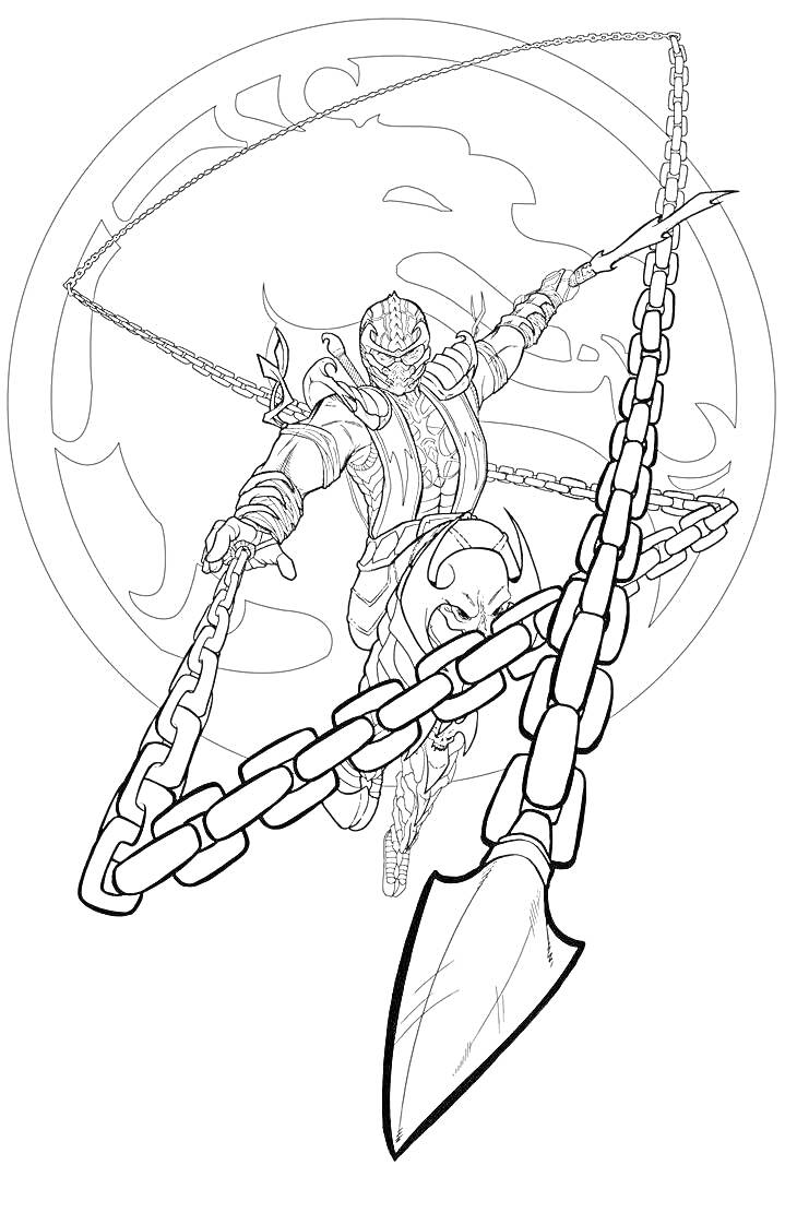 Раскраска Воин в маске со стальным орудием на цепи на фоне эмблемы