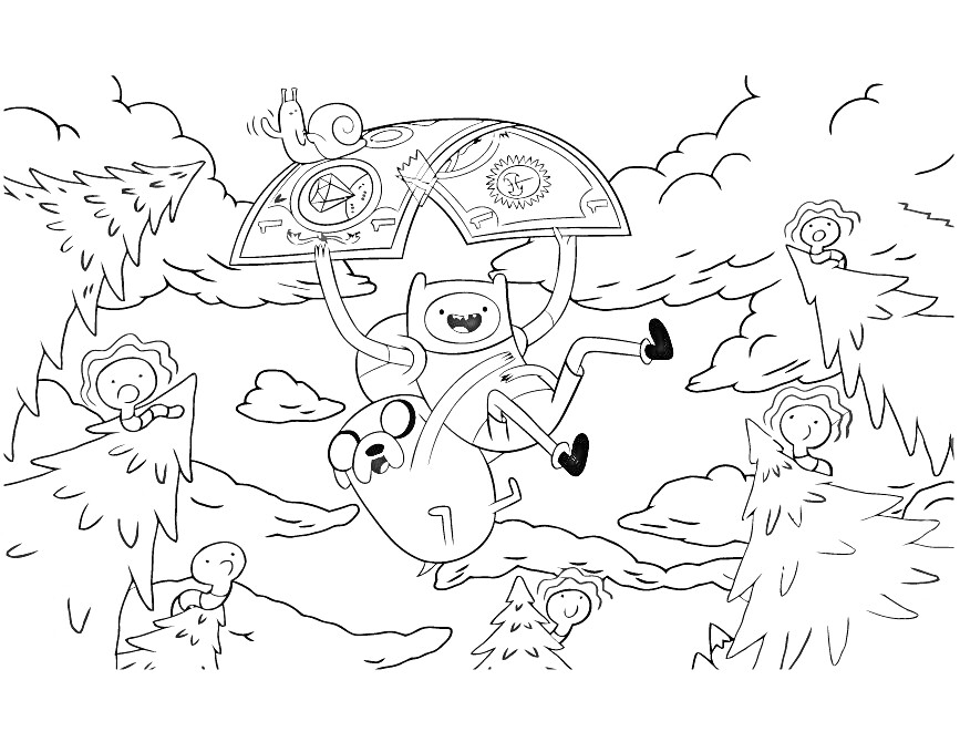 Раскраска Финн и Джейк прыгают с парашютом в лесу, деревья с лицами, облака, улитка