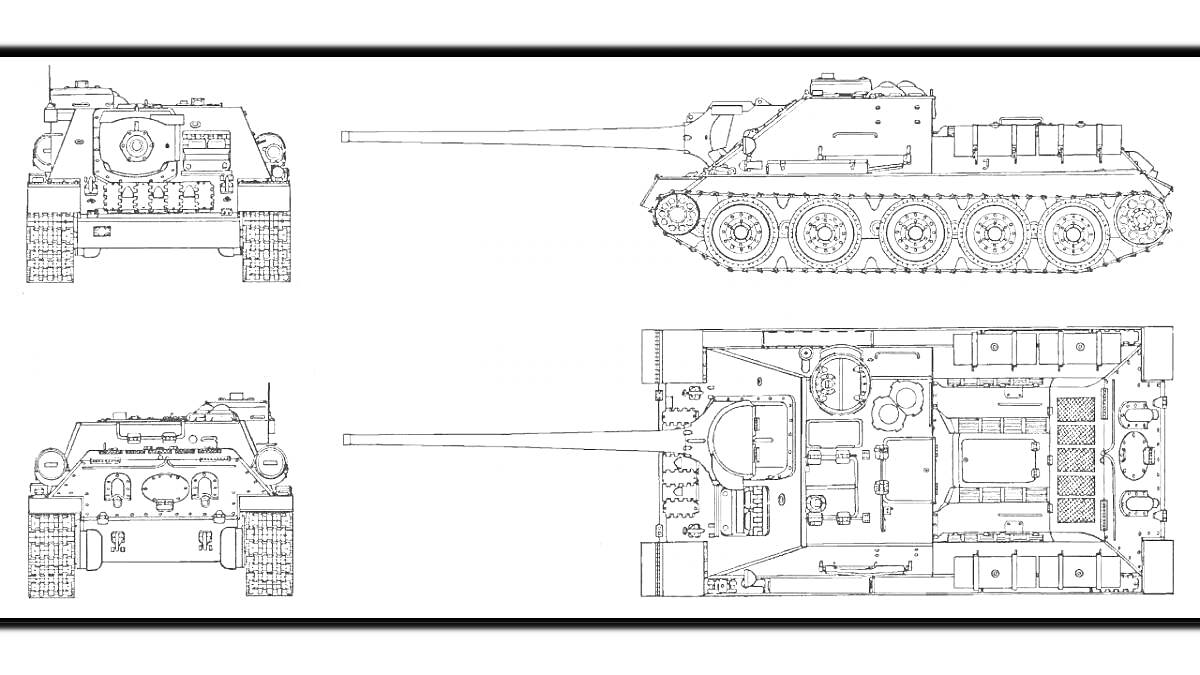 Раскраска Чертёж самоходной установки СУ-152 с видом спереди, сбоку, сзади и сверху