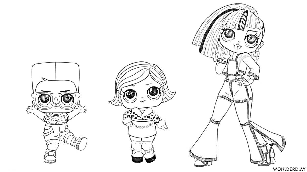 Раскраска ЛОЛ куклы - мальчик в шапке, девочка с короткими волосами и девочка с длинными волосами