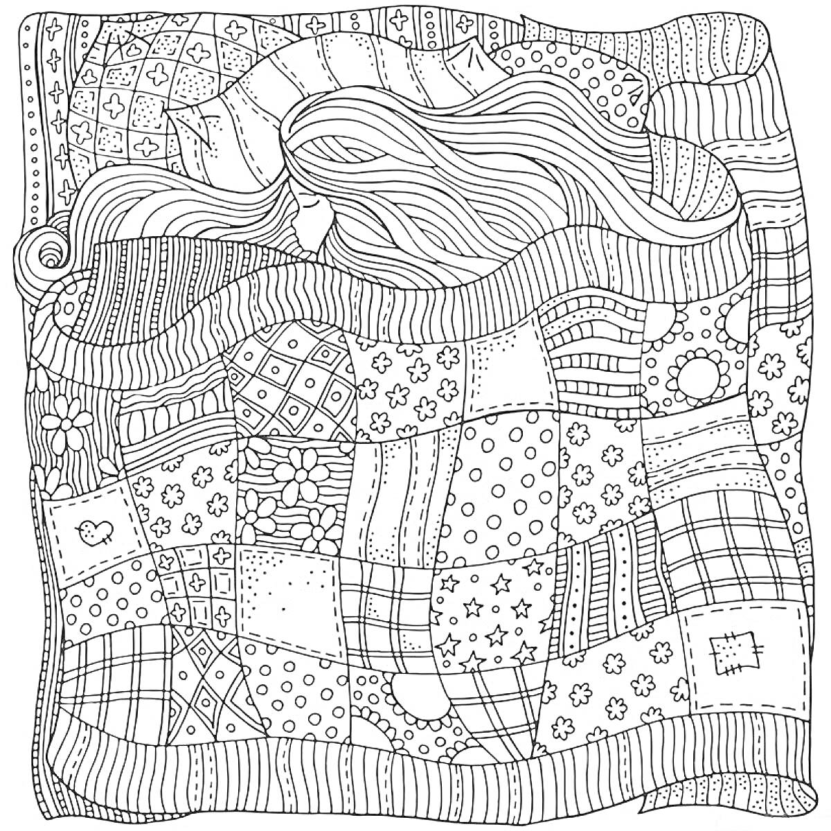 Раскраска Покрывало с узорами и женщиной под одеялом