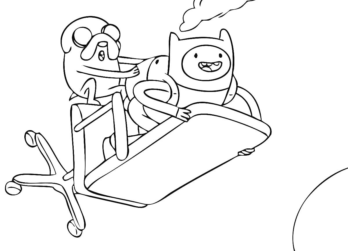 Раскраска Фин и Джейк на летающем кресле
