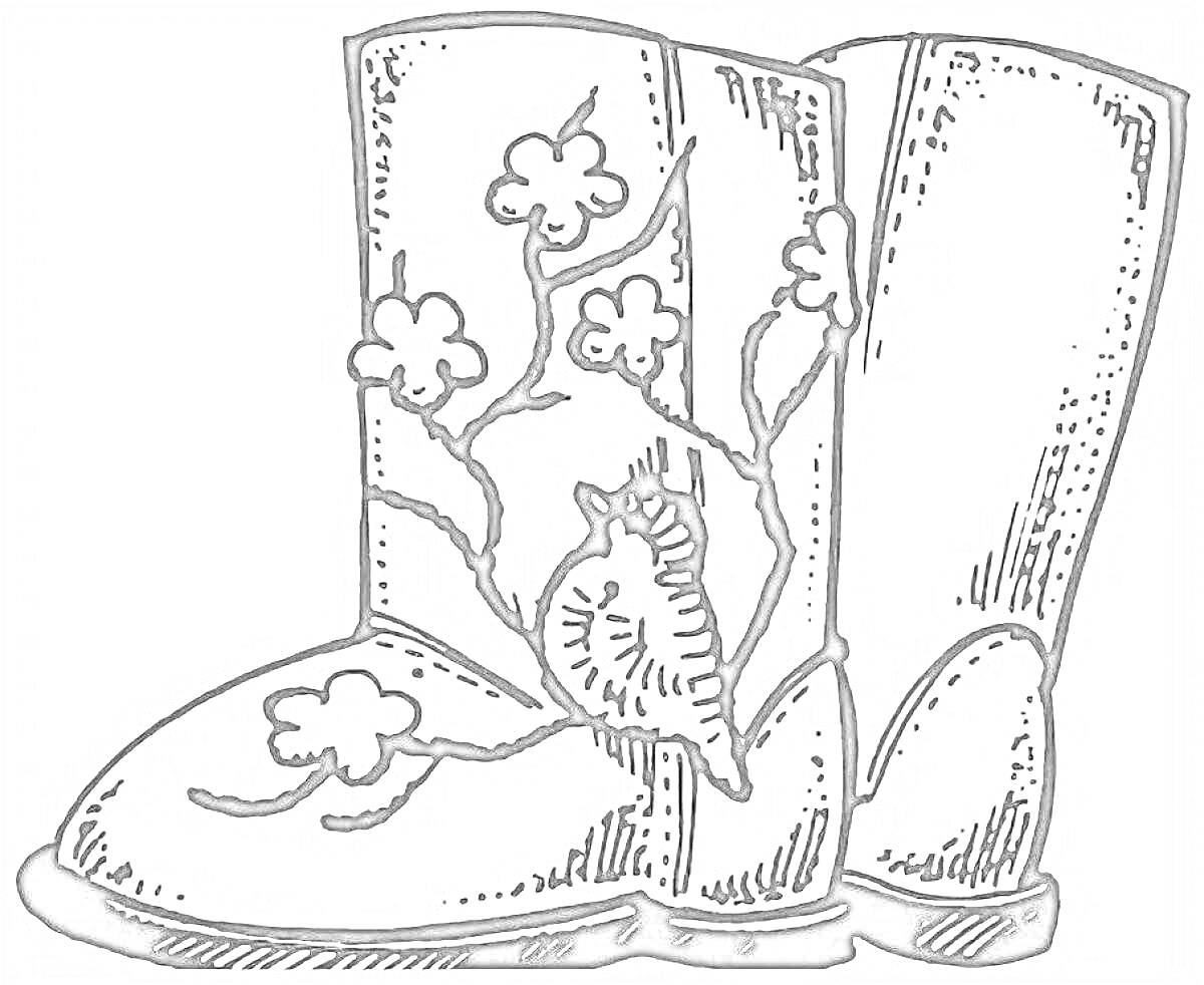На раскраске изображено: Валенки, Цветы, Зимняя обувь, Ветка, Узоры