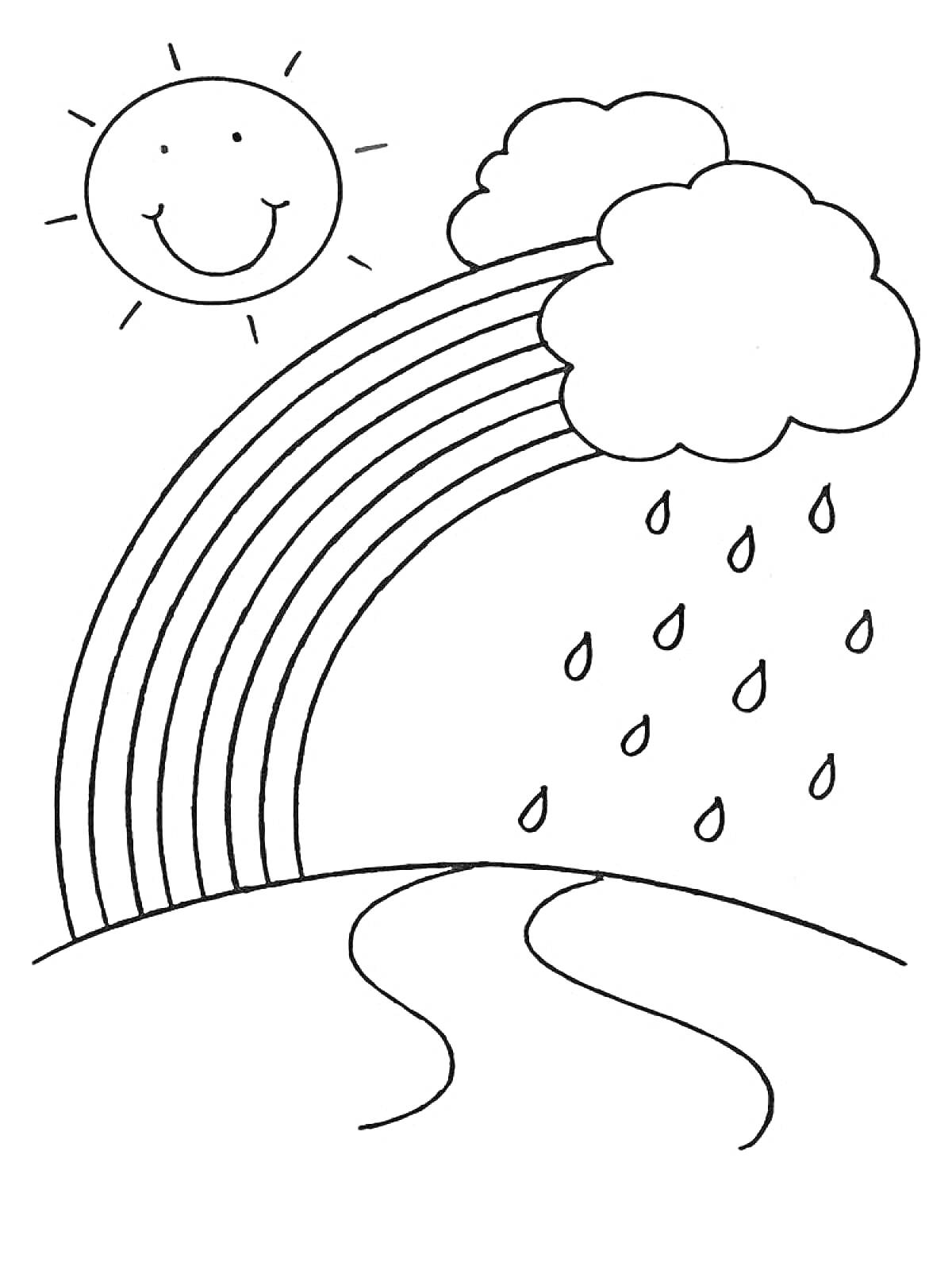 На раскраске изображено: Солнце, Облака, Дождь, Капли, Природа, Дороги, Радуги, Холмы