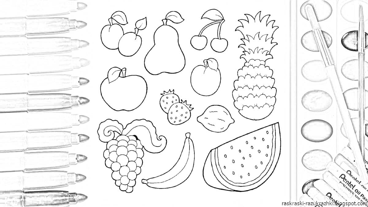 Раскраска Раскраска с фруктами и ягодами (груша, вишня, ананас, яблоко, малина, лимон, арбуз, банан, виноград, клубника)