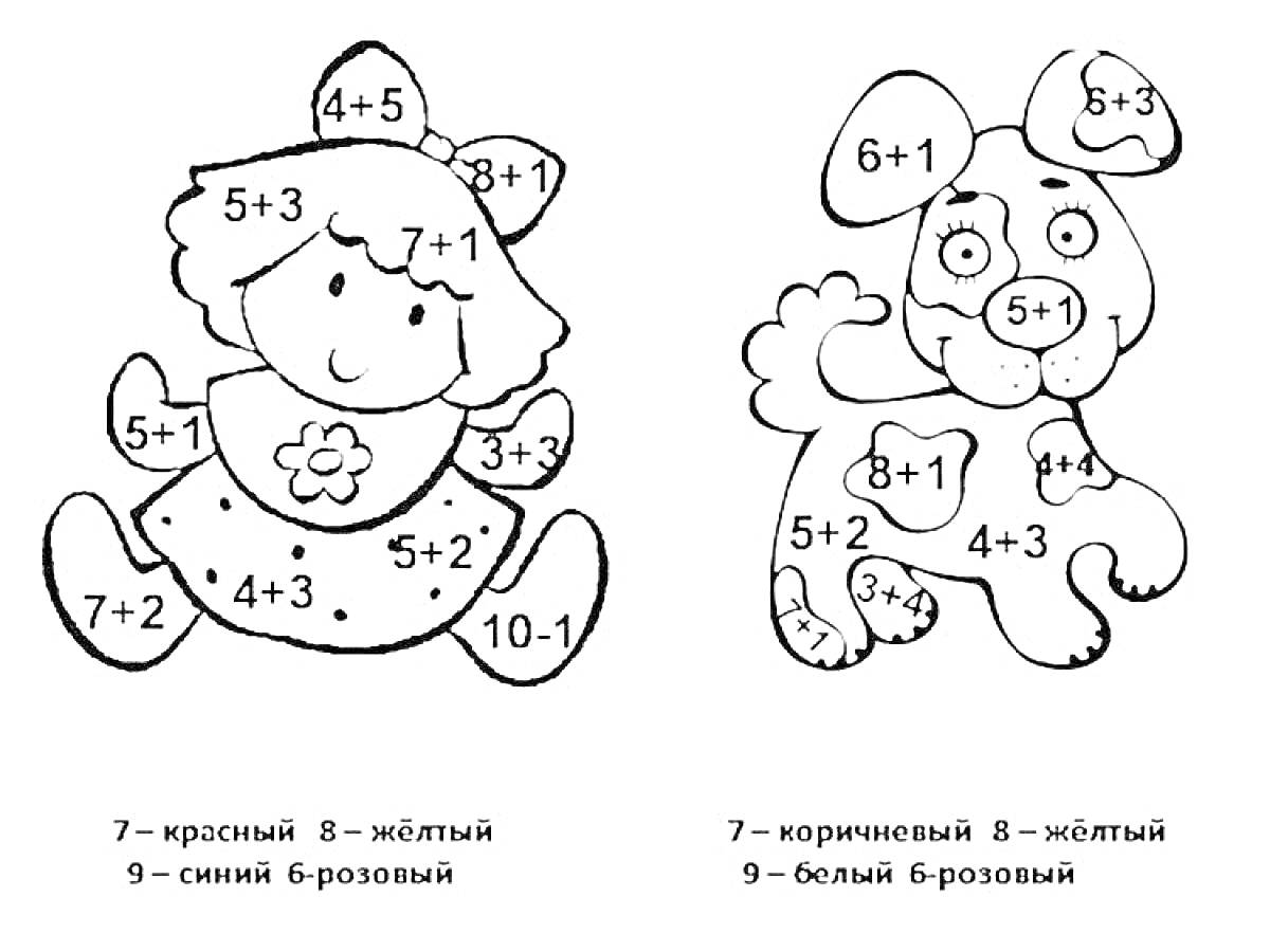 Раскраска Раскраска по математическим примерам с девочкой и собакой