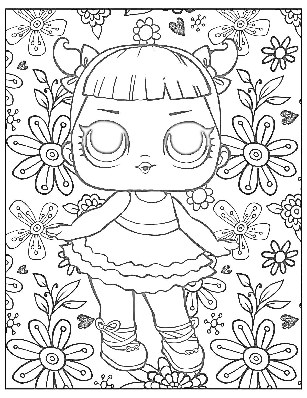 Раскраска Кукла LOL в платье на фоне цветочного узора
