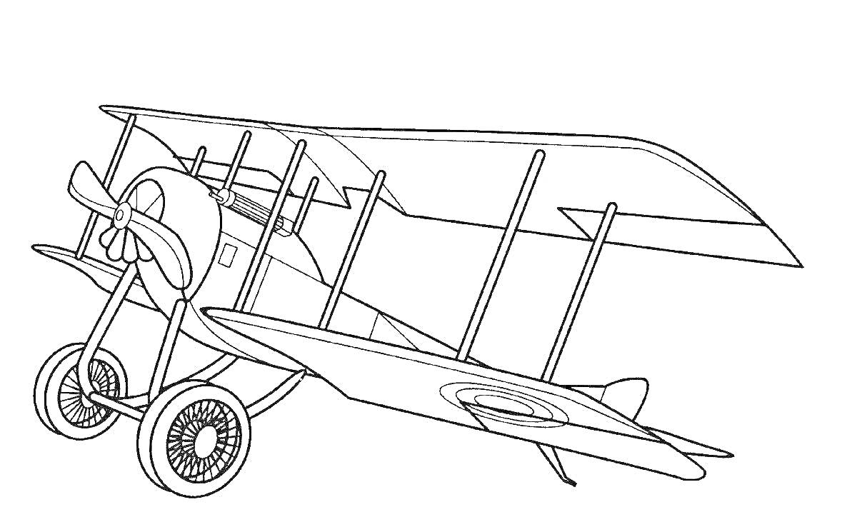 На раскраске изображено: Кукурузник, Биплан, Колёса, Винт, Авиация