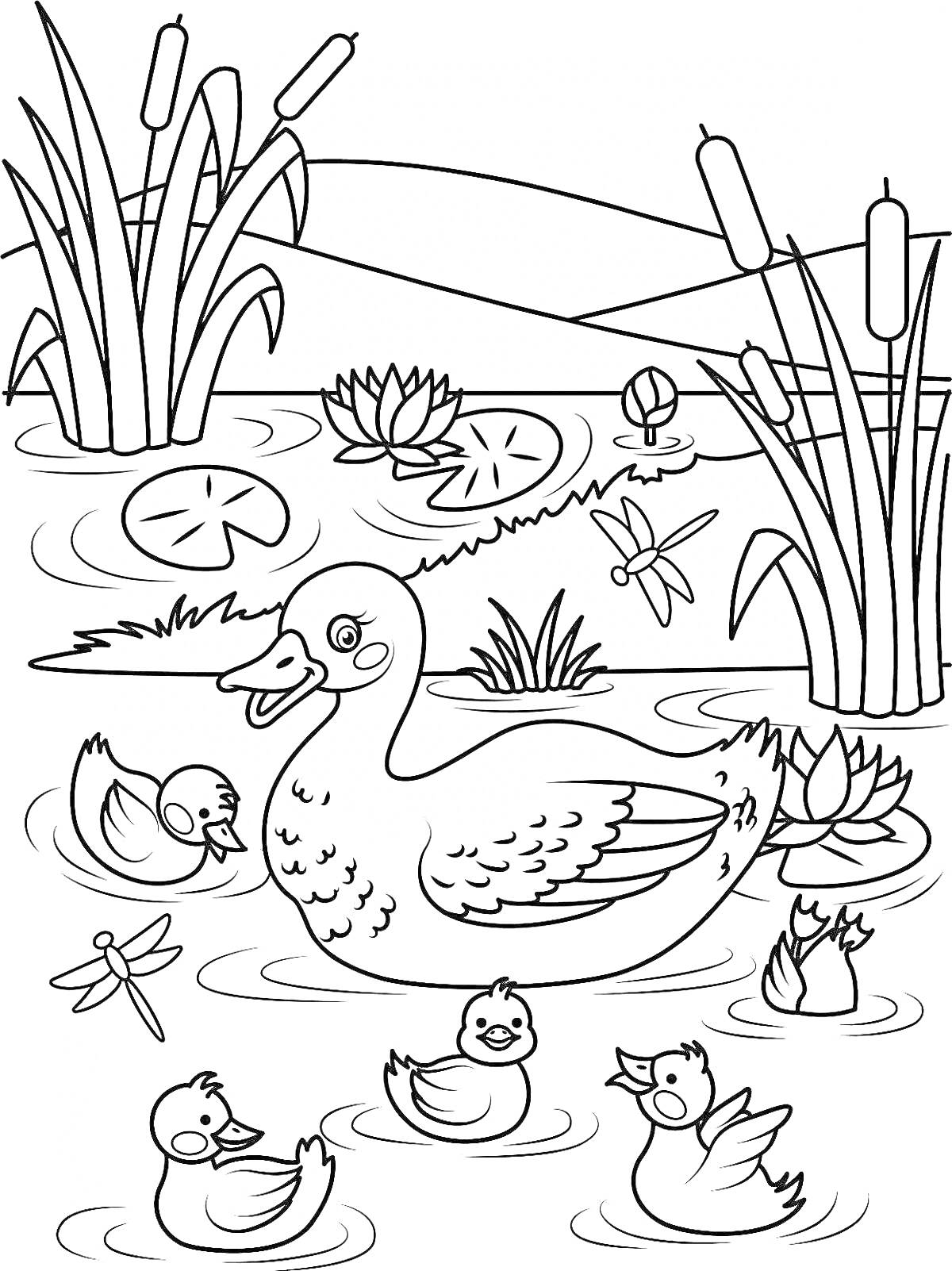 Утка с утятами в пруду с лилиями, камышами и стрекозами